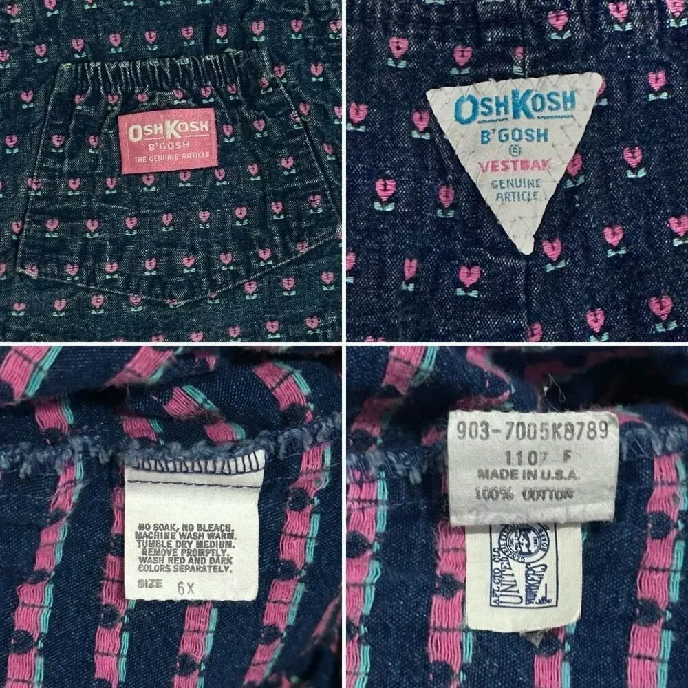 Vintage OshKosh B’gosh Denim Skirtall 6X Girls USA Made Floral Cute Americana